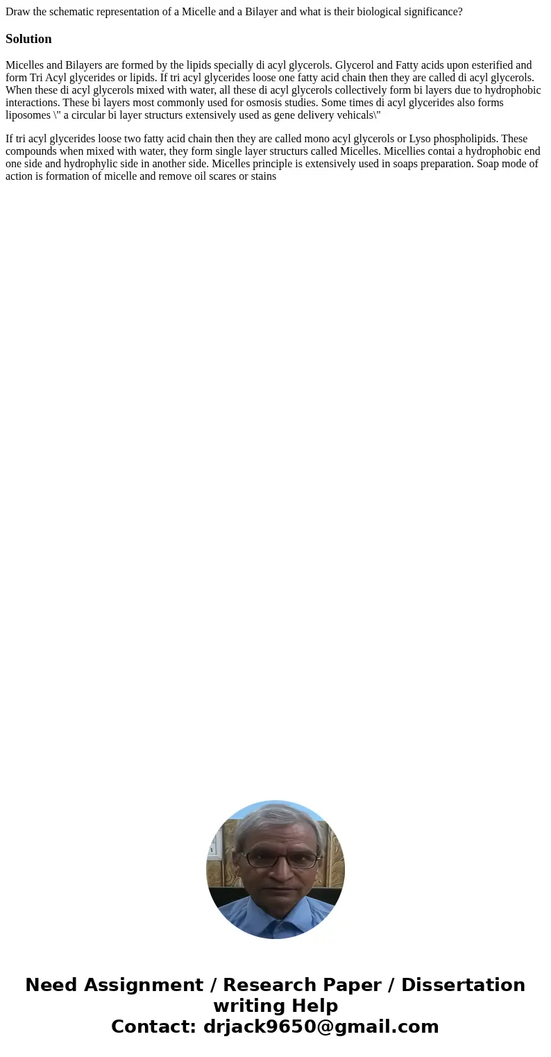 Draw the schematic representation of a Micelle and a Bilayer and what is their biological significance?SolutionMicelles and Bilayers are formed by the lipids sp Draw the schematic representation of a Micelle and a Bilayer and what is their biological significance?SolutionMicelles and Bilayers are formed by the lipids sp