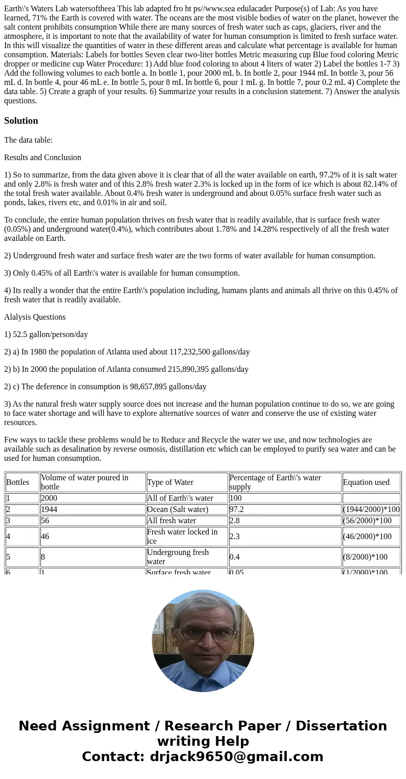  Earth\'s Waters Lab watersoftheea This lab adapted fro ht ps//www.sea edulacader Purpose(s) of Lab: As you have learned, 71% the Earth is covered with water. T