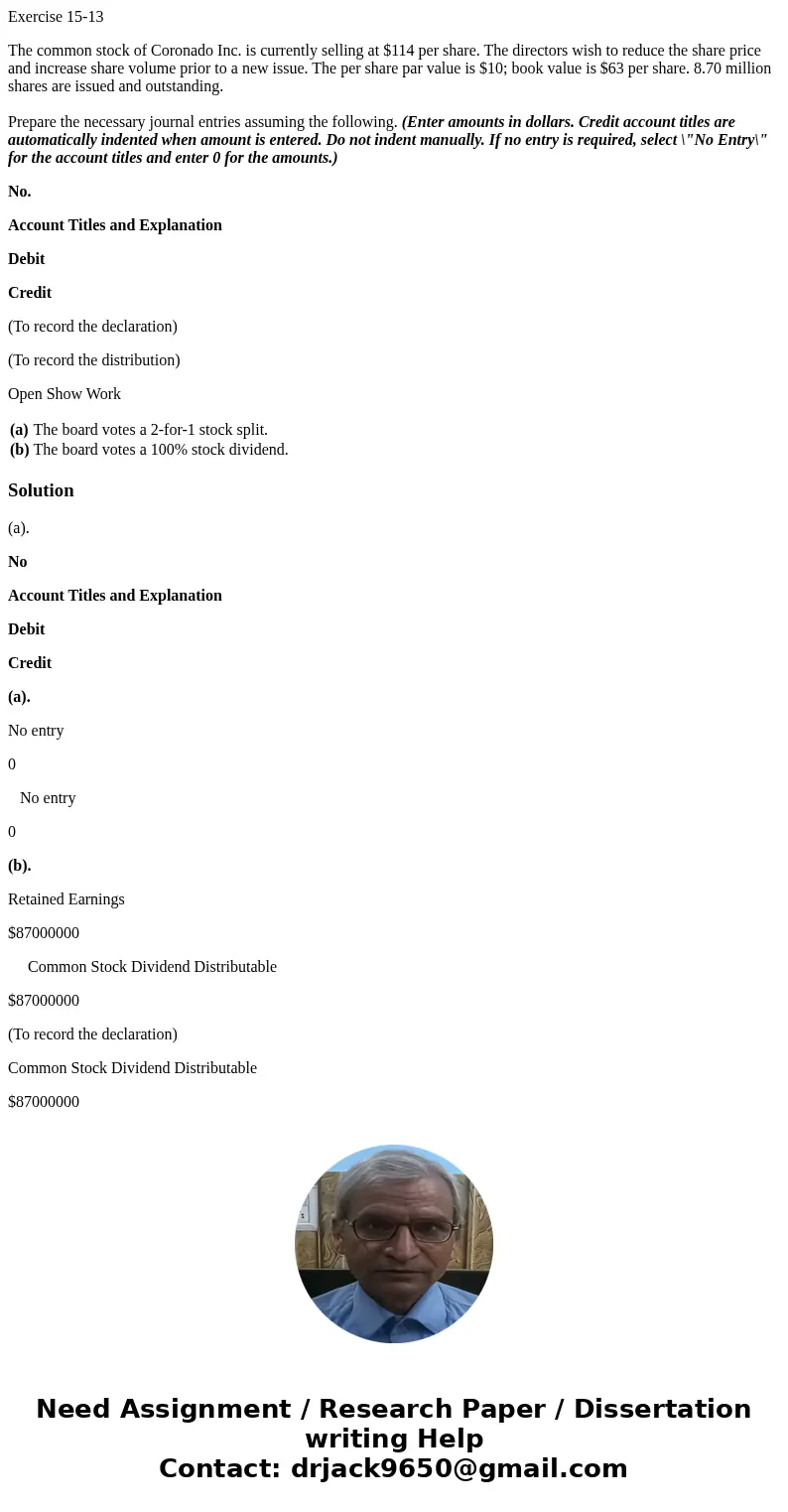 Exercise 15-13 The common stock of Coronado Inc. is currently selling at $114 per share. The directors wish to reduce the share price and increase share volume  Exercise 15-13 The common stock of Coronado Inc. is currently selling at $114 per share. The directors wish to reduce the share price and increase share volume