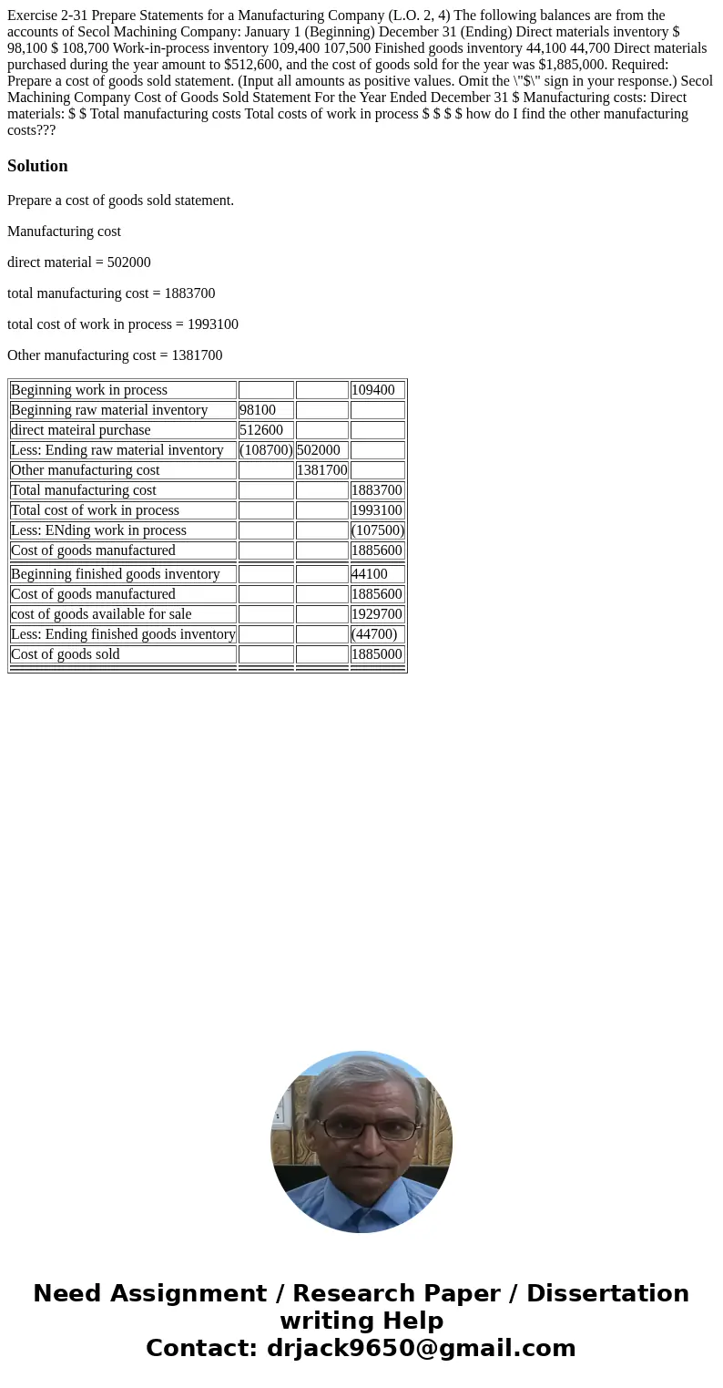 Exercise 2-31 Prepare Statements for a Manufacturing Company (L.O. 2, 4) The following balances are from the accounts of Secol Machining Company: January 1 (Beg Exercise 2-31 Prepare Statements for a Manufacturing Company (L.O. 2, 4) The following balances are from the accounts of Secol Machining Company: January 1 (Beg