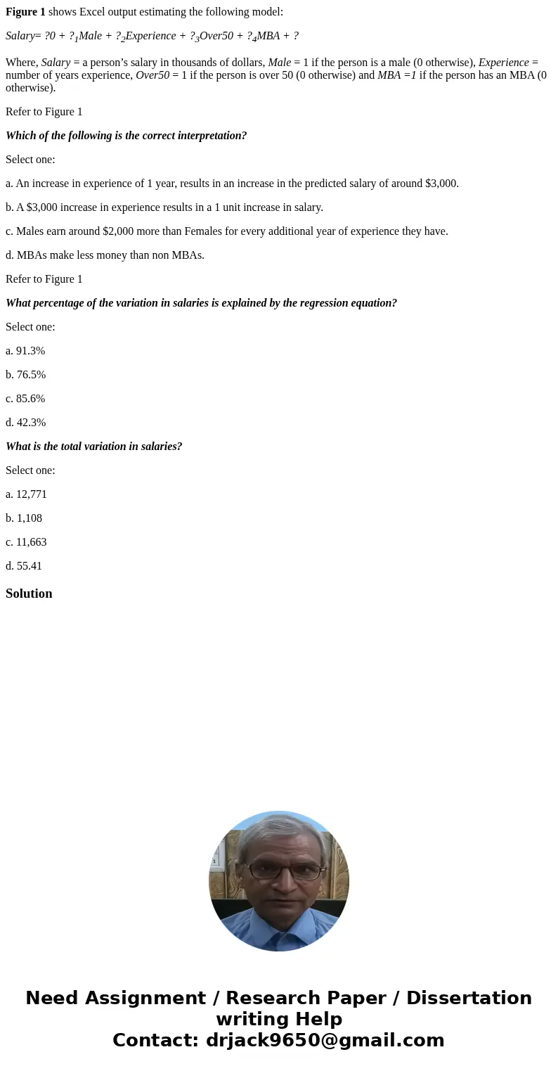 Figure 1 shows Excel output estimating the following model: Salary= ?0 + ?1Male + ?2Experience + ?3Over50 + ?4MBA + ? Where, Salary = a person’s salary in thous Figure 1 shows Excel output estimating the following model: Salary= ?0 + ?1Male + ?2Experience + ?3Over50 + ?4MBA + ? Where, Salary = a person’s salary in thous