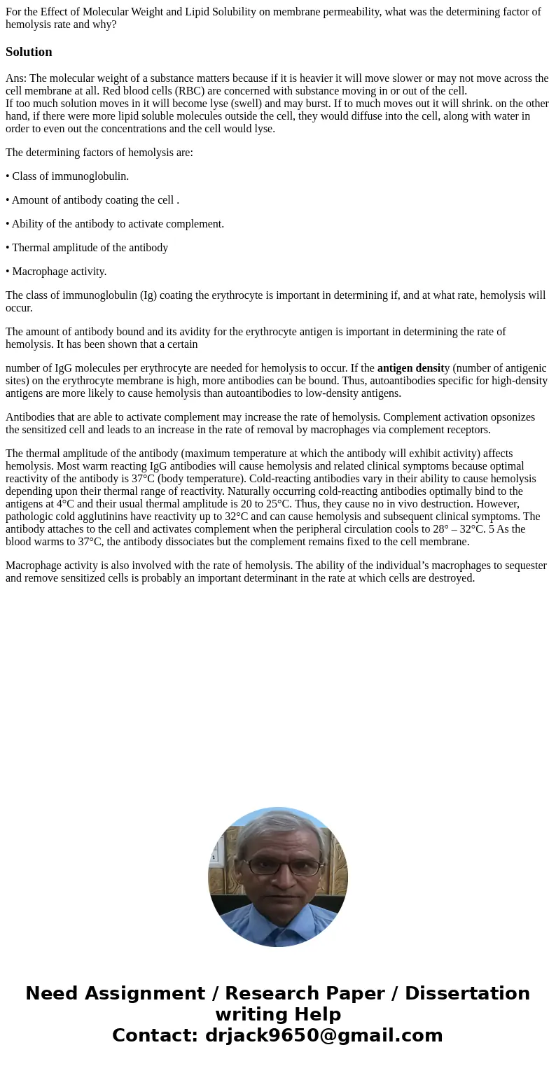 For the Effect of Molecular Weight and Lipid Solubility on membrane permeability, what was the determining factor of hemolysis rate and why?SolutionAns: The mol For the Effect of Molecular Weight and Lipid Solubility on membrane permeability, what was the determining factor of hemolysis rate and why?SolutionAns: The mol