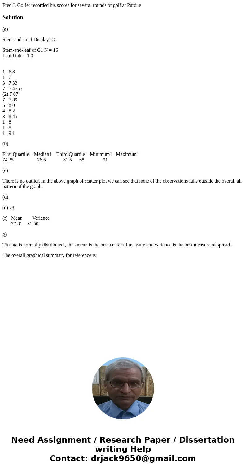 Fred J. Golfer recorded his scores for several rounds of golf at PurdueSolution(a) Stem-and-Leaf Display: C1 Stem-and-leaf of C1 N = 16 Leaf Unit = 1.0 1 6 8 1  Fred J. Golfer recorded his scores for several rounds of golf at PurdueSolution(a) Stem-and-Leaf Display: C1 Stem-and-leaf of C1 N = 16 Leaf Unit = 1.0 1 6 8 1