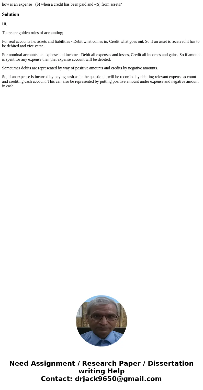 how is an expense +($) when a credit has been paid and -($) from assets?SolutionHi, There are golden rules of accounting; For real accounts i.e. assets and liab how is an expense +($) when a credit has been paid and -($) from assets?SolutionHi, There are golden rules of accounting; For real accounts i.e. assets and liab