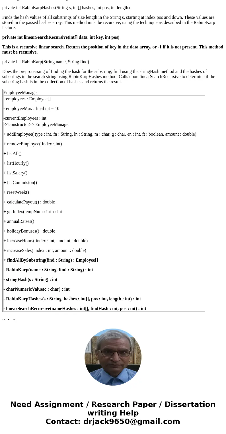 I need help with this one method in java. Here are the guidelines. Only private int linearSearchRecursive(int[] data, int key, int pos) EmployeeManager Employee