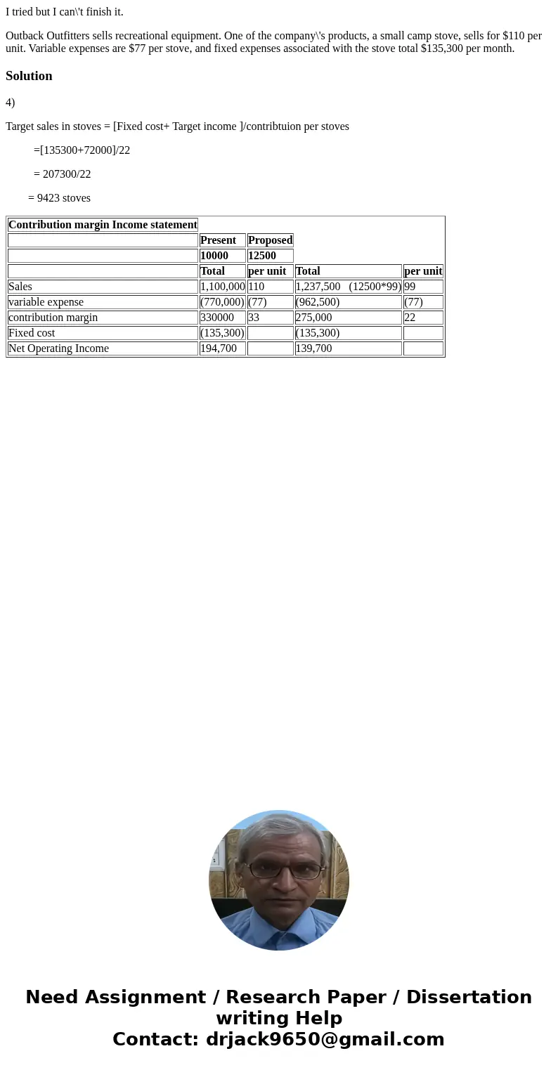  I tried but I can\'t finish it. Outback Outfitters sells recreational equipment. One of the company\'s products, a small camp stove, sells for $110 per unit. V