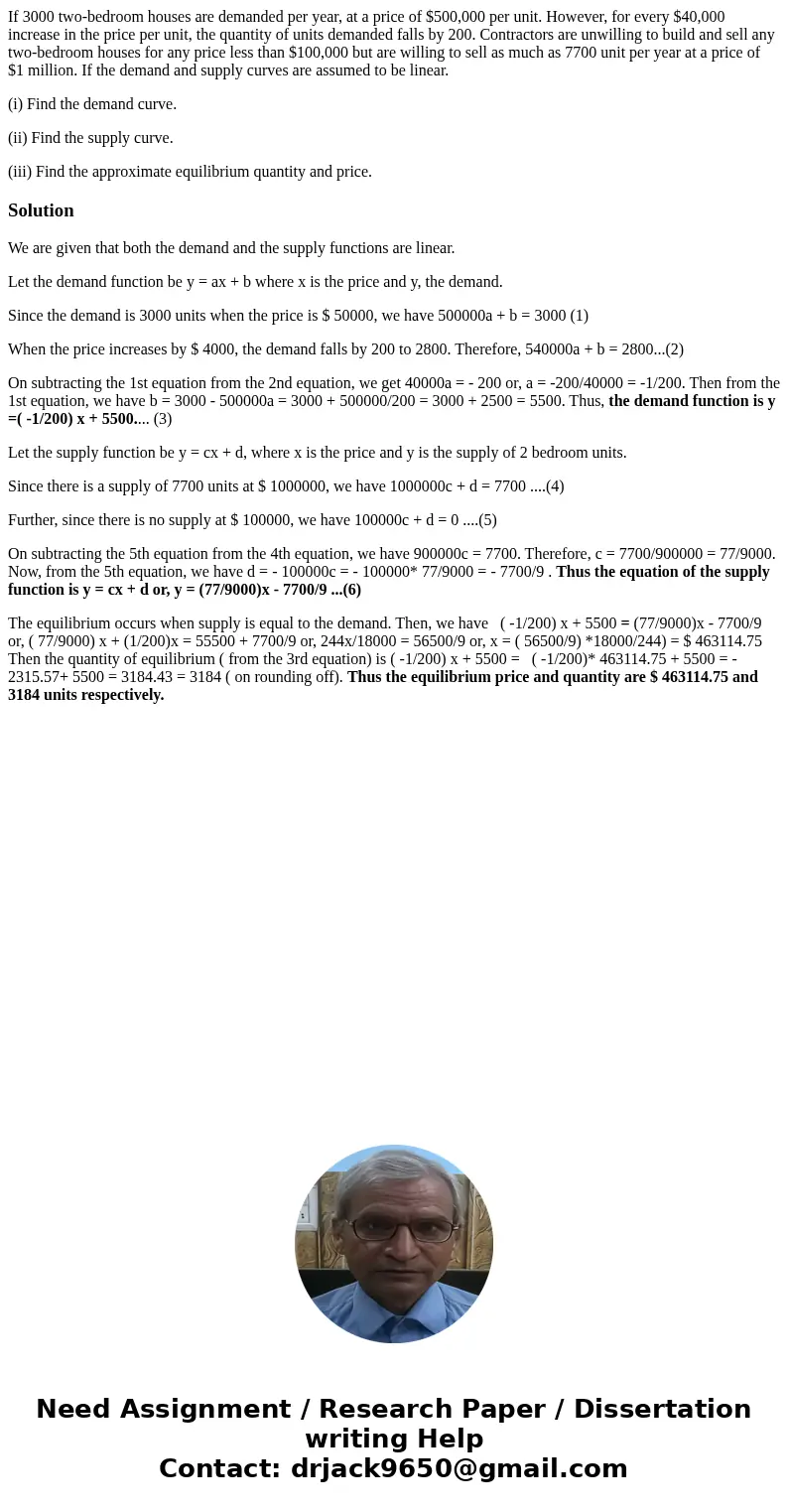 If 3000 two-bedroom houses are demanded per year, at a price of $500,000 per unit. However, for every $40,000 increase in the price per unit, the quantity of un If 3000 two-bedroom houses are demanded per year, at a price of $500,000 per unit. However, for every $40,000 increase in the price per unit, the quantity of un