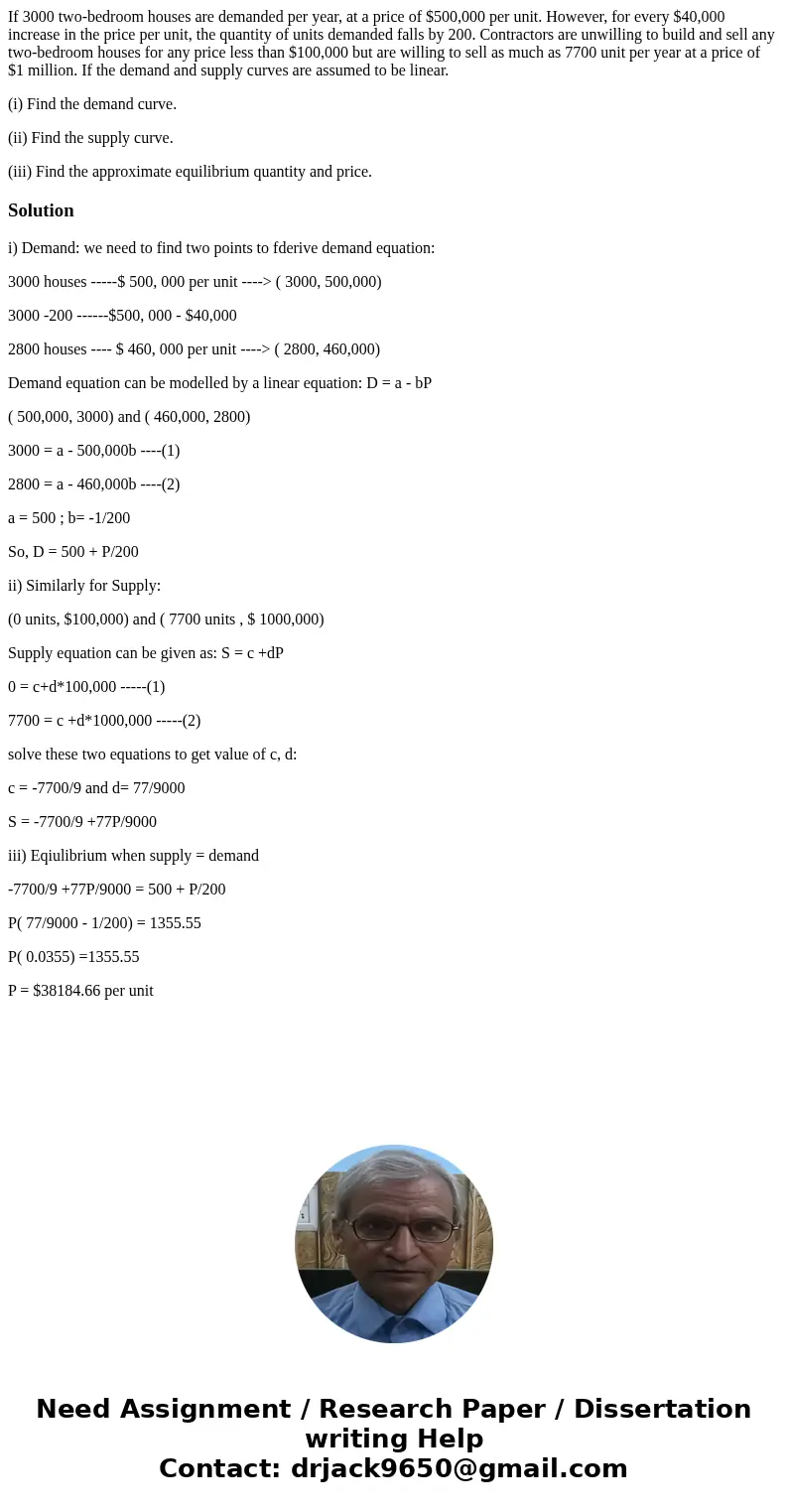 If 3000 two-bedroom houses are demanded per year, at a price of $500,000 per unit. However, for every $40,000 increase in the price per unit, the quantity of un If 3000 two-bedroom houses are demanded per year, at a price of $500,000 per unit. However, for every $40,000 increase in the price per unit, the quantity of un