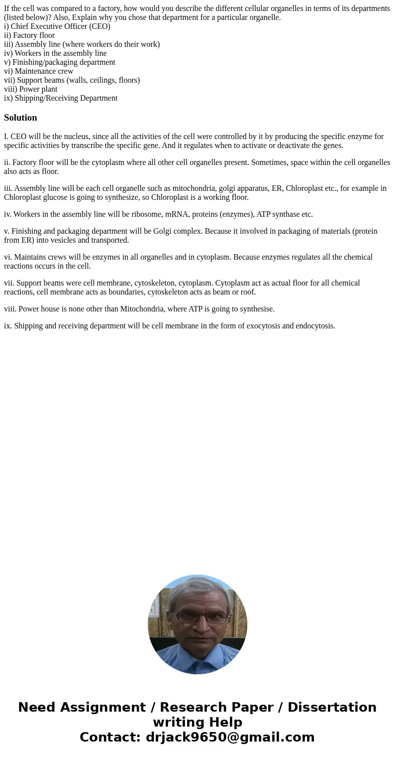 If the cell was compared to a factory, how would you describe the different cellular organelles in terms of its departments (listed below)? Also, Explain why yo If the cell was compared to a factory, how would you describe the different cellular organelles in terms of its departments (listed below)? Also, Explain why yo