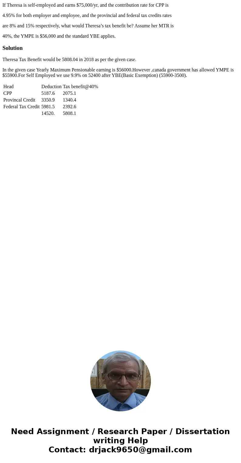 If Theresa is self-employed and earns $75,000/yr, and the contribution rate for CPP is 4.95% for both employer and employee, and the provincial and federal tax 