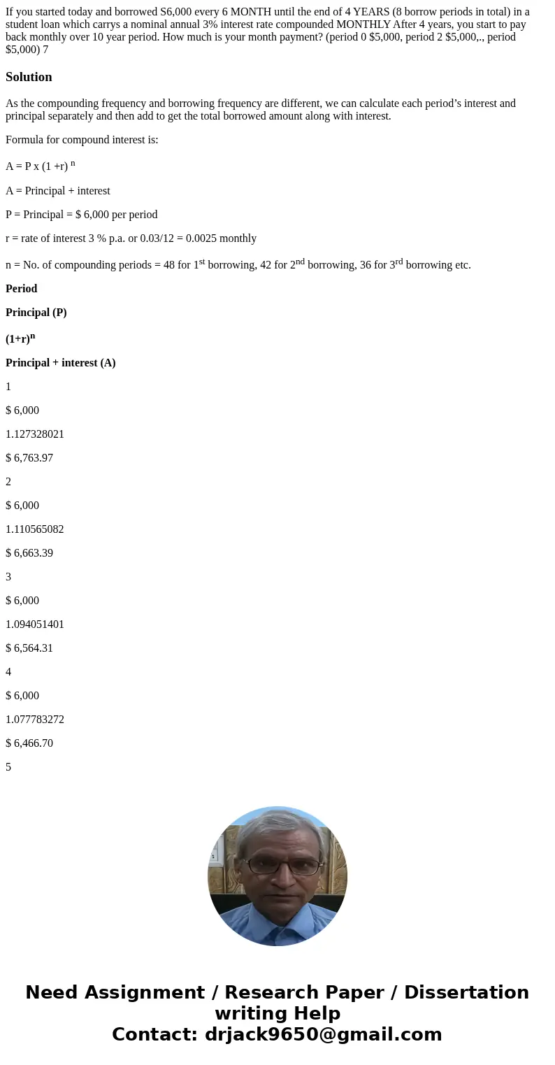 If you started today and borrowed S6,000 every 6 MONTH until the end of 4 YEARS (8 borrow periods in total) in a student loan which carrys a nominal annual 3%   If you started today and borrowed S6,000 every 6 MONTH until the end of 4 YEARS (8 borrow periods in total) in a student loan which carrys a nominal annual 3%