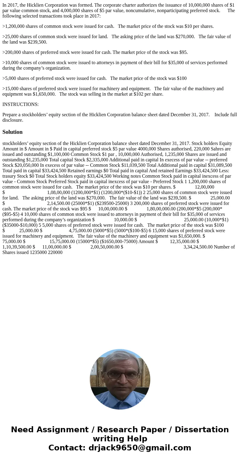 In 2017, the Hicklien Corporation was formed. The corporate charter authorizes the issuance of 10,000,000 shares of $1 par value common stock, and 4,000,000 sha In 2017, the Hicklien Corporation was formed. The corporate charter authorizes the issuance of 10,000,000 shares of $1 par value common stock, and 4,000,000 sha