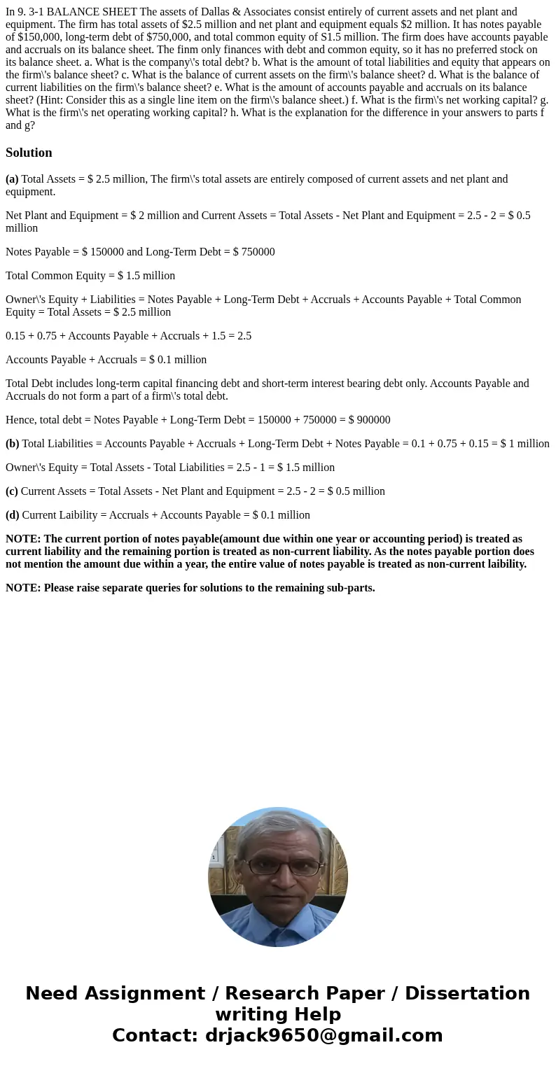  In 9. 3-1 BALANCE SHEET The assets of Dallas & Associates consist entirely of current assets and net plant and equipment. The firm has total assets of $2.5