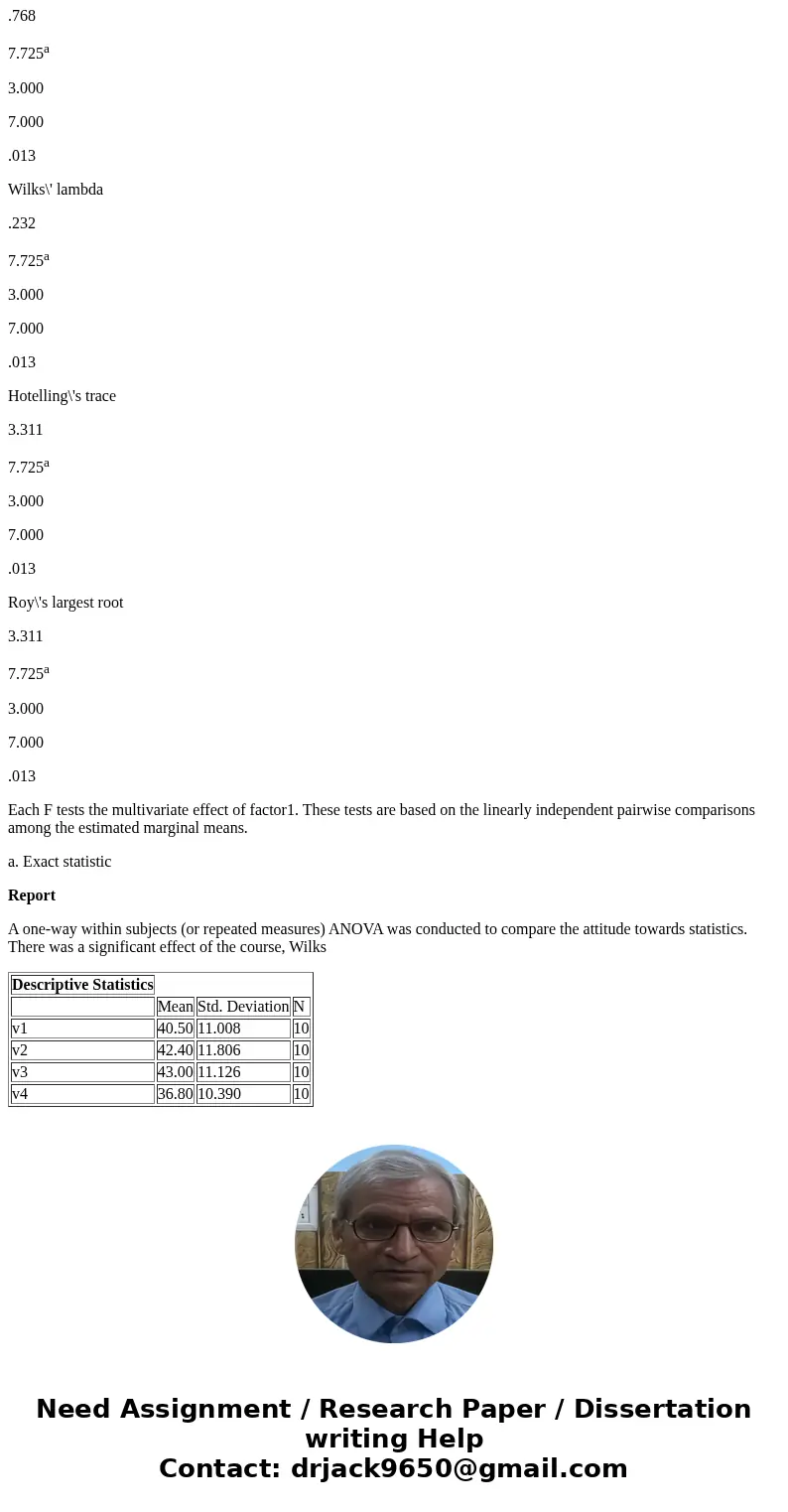 In a longitudinal study of attitude toward statistics, a doctoral student surveyed 10 doctoral students at four times during their program: (a) before taking an