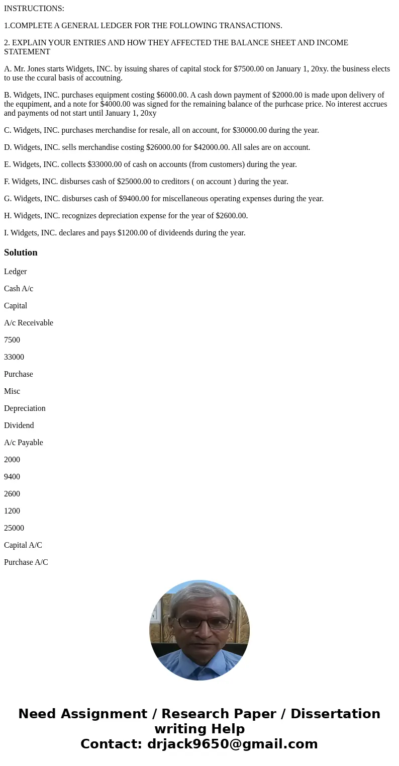 INSTRUCTIONS: 1.COMPLETE A GENERAL LEDGER FOR THE FOLLOWING TRANSACTIONS. 2. EXPLAIN YOUR ENTRIES AND HOW THEY AFFECTED THE BALANCE SHEET AND INCOME STATEMENT A INSTRUCTIONS: 1.COMPLETE A GENERAL LEDGER FOR THE FOLLOWING TRANSACTIONS. 2. EXPLAIN YOUR ENTRIES AND HOW THEY AFFECTED THE BALANCE SHEET AND INCOME STATEMENT A