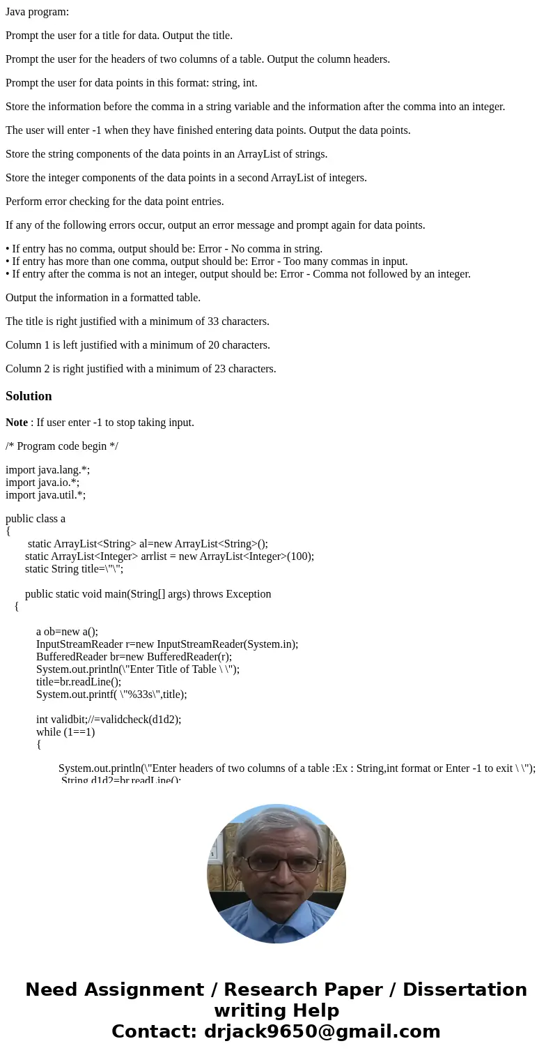 Java program: Prompt the user for a title for data. Output the title. Prompt the user for the headers of two columns of a table. Output the column headers. Prom Java program: Prompt the user for a title for data. Output the title. Prompt the user for the headers of two columns of a table. Output the column headers. Prom