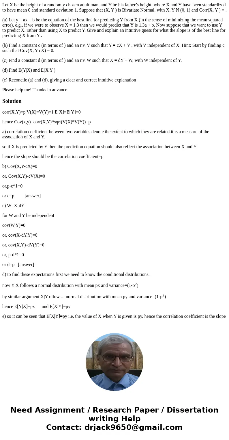 Let X be the height of a randomly chosen adult man, and Y be his father’s height, where X and Y have been standardized to have mean 0 and standard deviation 1. 