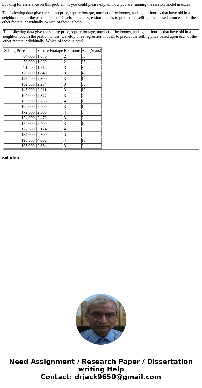 Looking for assistance on this problem. if you could please explain how you are running the ression model in excel. The following data give the selling price, s