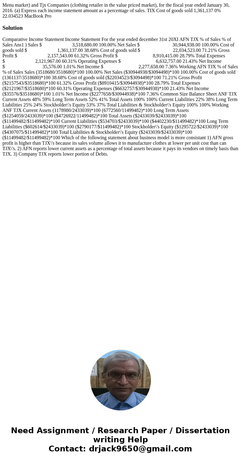 Menu market) and Tjx Companies (clothing retailer in the value priced market), for the fiscal year ended January 30, 2016. (a) Express each income statement am  Menu market) and Tjx Companies (clothing retailer in the value priced market), for the fiscal year ended January 30, 2016. (a) Express each income statement am