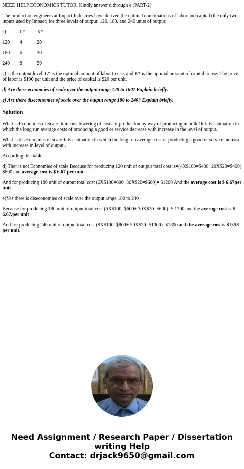 NEED HELP ECONOMICS TUTOR. Kindly answer d through e (PART-2) The production engineers at Impact Industries have derived the optimal combinations of labor and c NEED HELP ECONOMICS TUTOR. Kindly answer d through e (PART-2) The production engineers at Impact Industries have derived the optimal combinations of labor and c