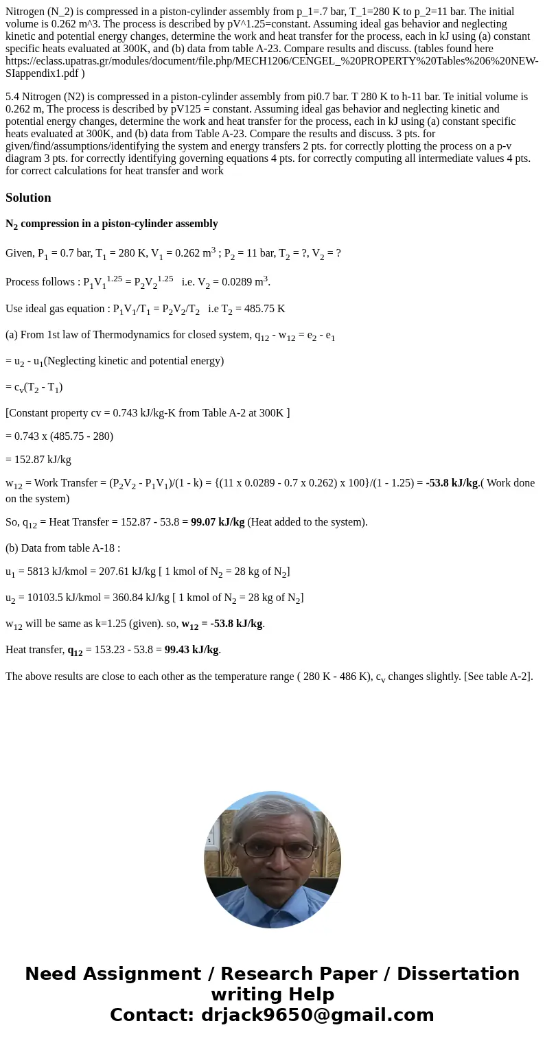 Nitrogen (N_2) is compressed in a piston-cylinder assembly from p_1=.7 bar, T_1=280 K to p_2=11 bar. The initial volume is 0.262 m^3. The process is described b Nitrogen (N_2) is compressed in a piston-cylinder assembly from p_1=.7 bar, T_1=280 K to p_2=11 bar. The initial volume is 0.262 m^3. The process is described b
