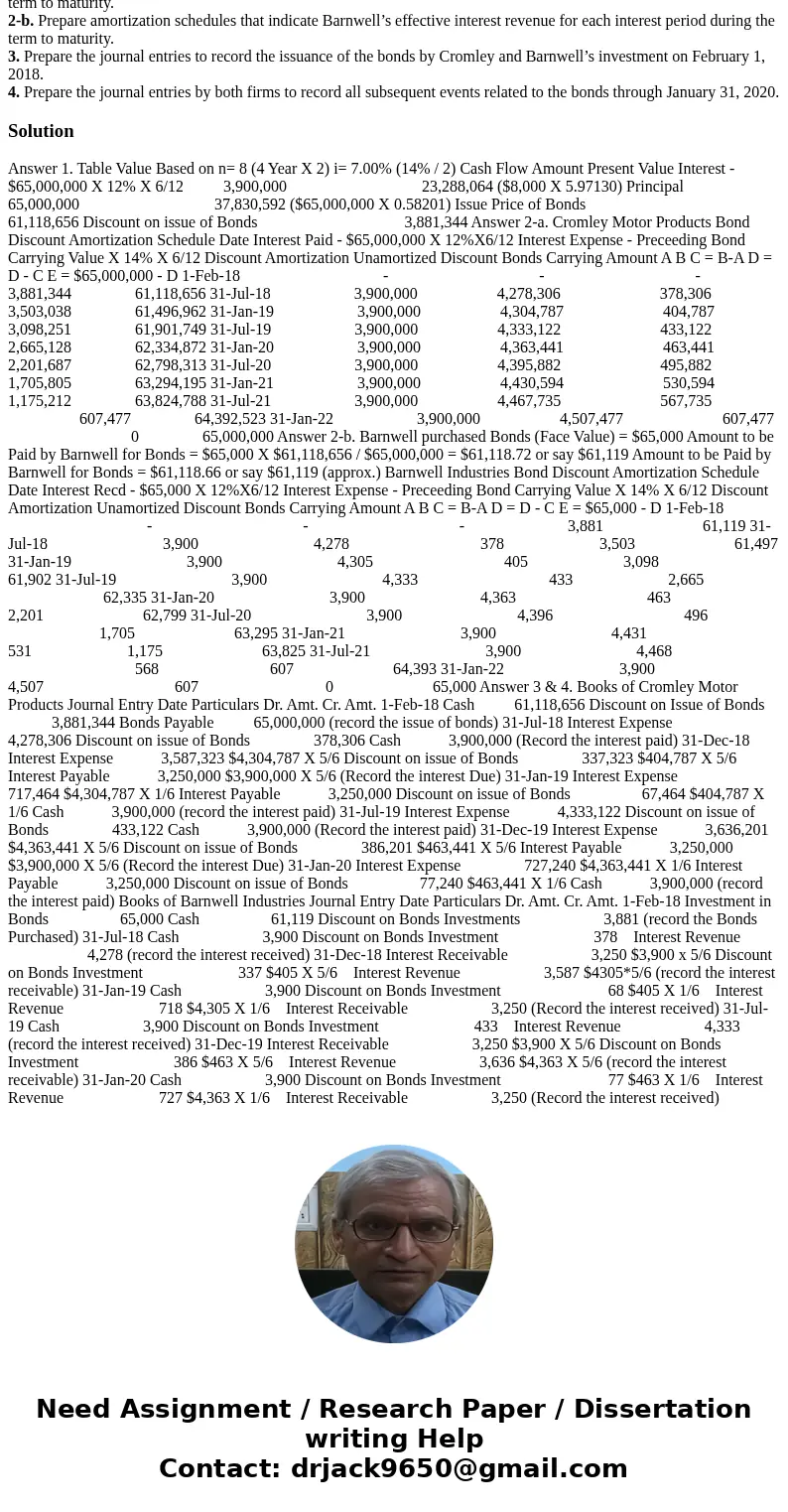 On February 1, 2018, Cromley Motor Products issued 12% bonds, dated February 1, with a face amount of $65 million. The bonds mature on January 31, 2022 (4 years On February 1, 2018, Cromley Motor Products issued 12% bonds, dated February 1, with a face amount of $65 million. The bonds mature on January 31, 2022 (4 years