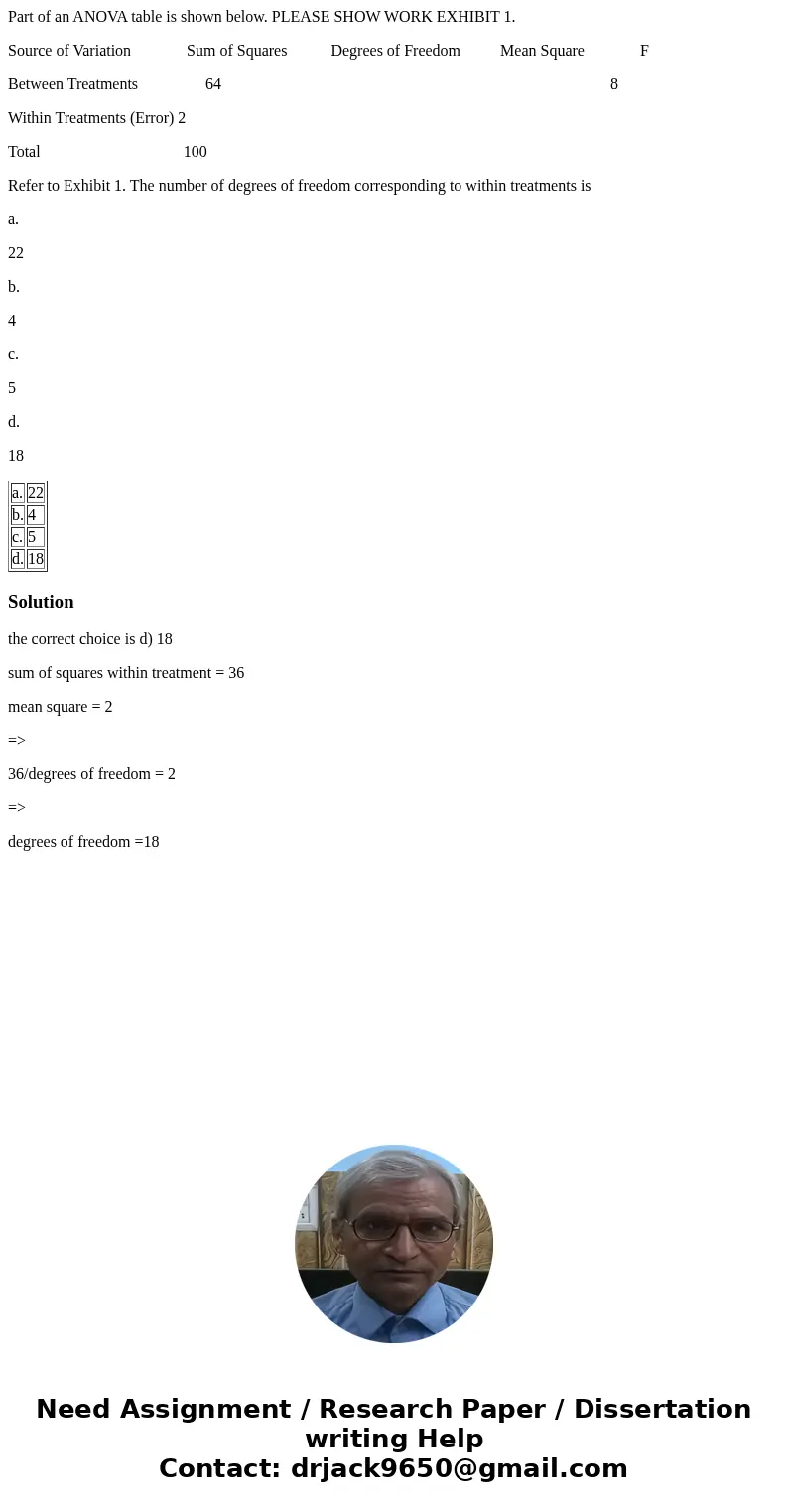 Part of an ANOVA table is shown below. PLEASE SHOW WORK EXHIBIT 1. Source of Variation Sum of Squares Degrees of Freedom Mean Square F Between Treatments 64 8 W Part of an ANOVA table is shown below. PLEASE SHOW WORK EXHIBIT 1. Source of Variation Sum of Squares Degrees of Freedom Mean Square F Between Treatments 64 8 W