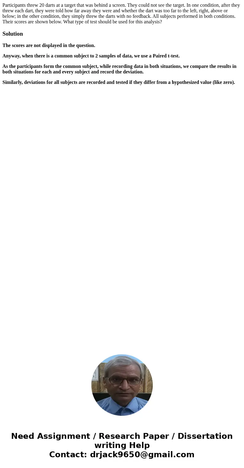 Participants threw 20 darts at a target that was behind a screen. They could not see the target. In one condition, after they threw each dart, they were told ho Participants threw 20 darts at a target that was behind a screen. They could not see the target. In one condition, after they threw each dart, they were told ho