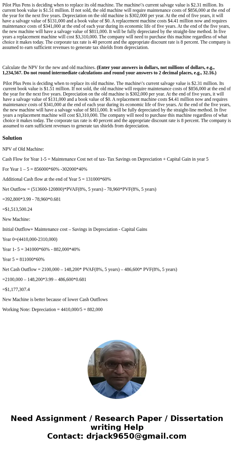 Pilot Plus Pens is deciding when to replace its old machine. The machine\'s current salvage value is $2.31 million. Its current book value is $1.51 million. If  Pilot Plus Pens is deciding when to replace its old machine. The machine\'s current salvage value is $2.31 million. Its current book value is $1.51 million. If