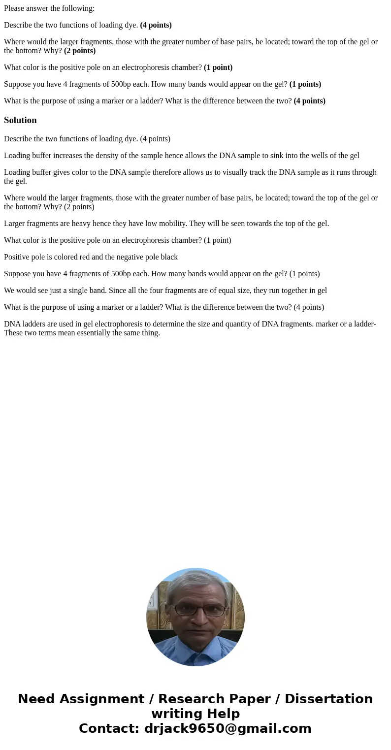 Please answer the following: Describe the two functions of loading dye. (4 points) Where would the larger fragments, those with the greater number of base pairs Please answer the following: Describe the two functions of loading dye. (4 points) Where would the larger fragments, those with the greater number of base pairs