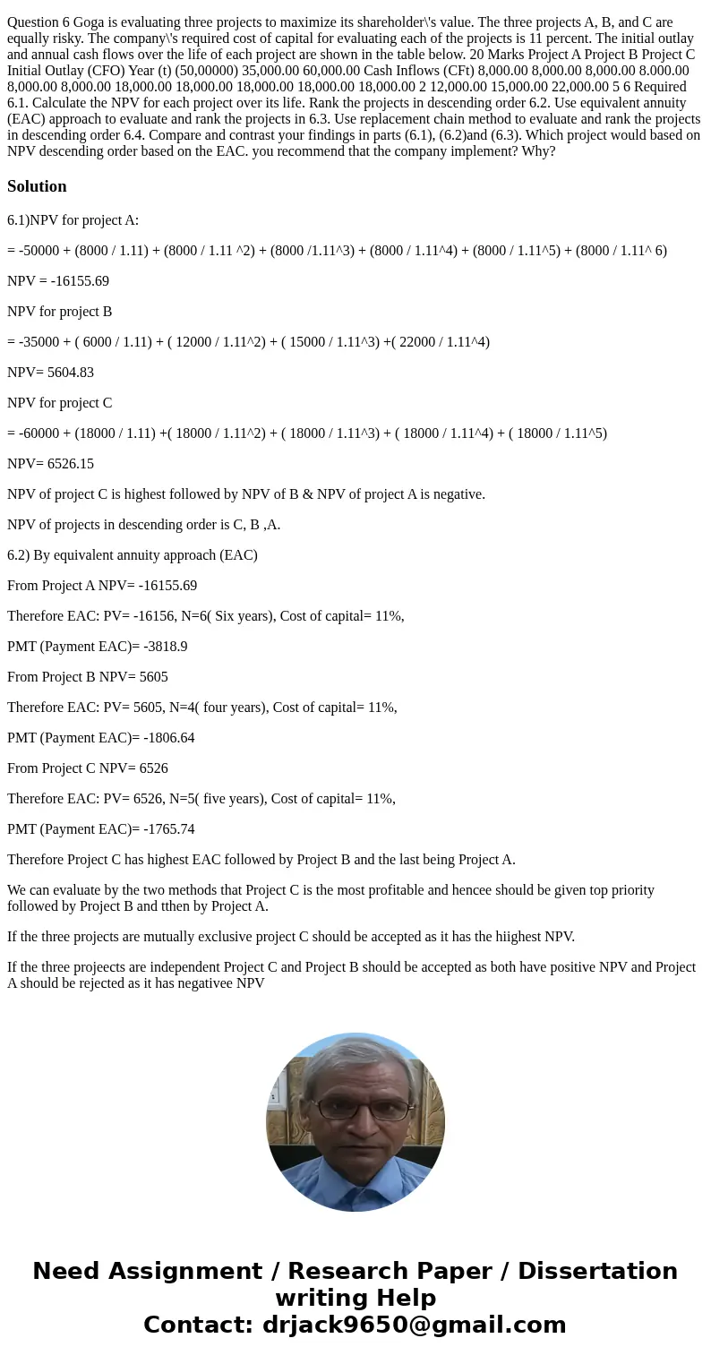 Please assist me with this question Question 6 Goga is evaluating three projects to maximize its shareholder\'s value. The three projects A, B, and C are equall