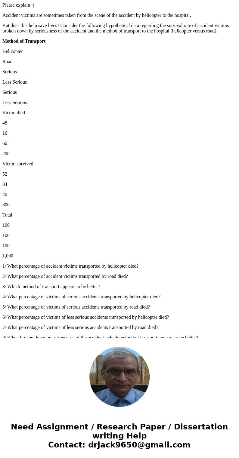 Please explain :) Accident victims are sometimes taken from the scene of the accident by helicopter to the hospital. But does this help save lives? Consider the