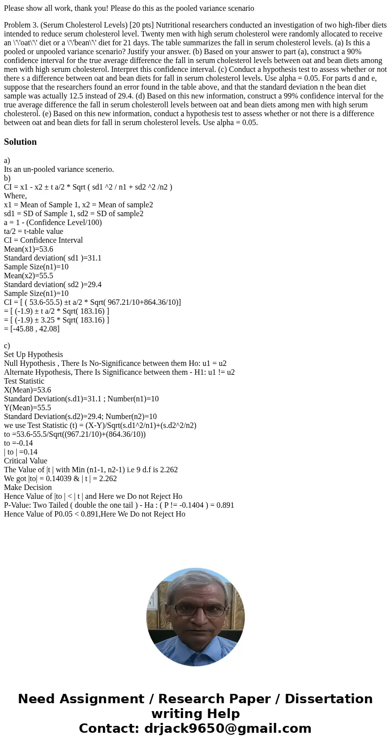 Please show all work, thank you! Please do this as the pooled variance scenario Problem 3. (Serum Cholesterol Levels) [20 pts] Nutritional researchers conducted