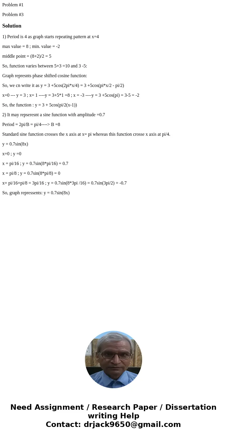 Problem #1 Problem #3Solution1) Period is 4 as graph starts repeating pattern at x=4 max value = 8 ; min. value = -2 middle point = (8+2)/2 = 5 So, function var Problem #1 Problem #3Solution1) Period is 4 as graph starts repeating pattern at x=4 max value = 8 ; min. value = -2 middle point = (8+2)/2 = 5 So, function var