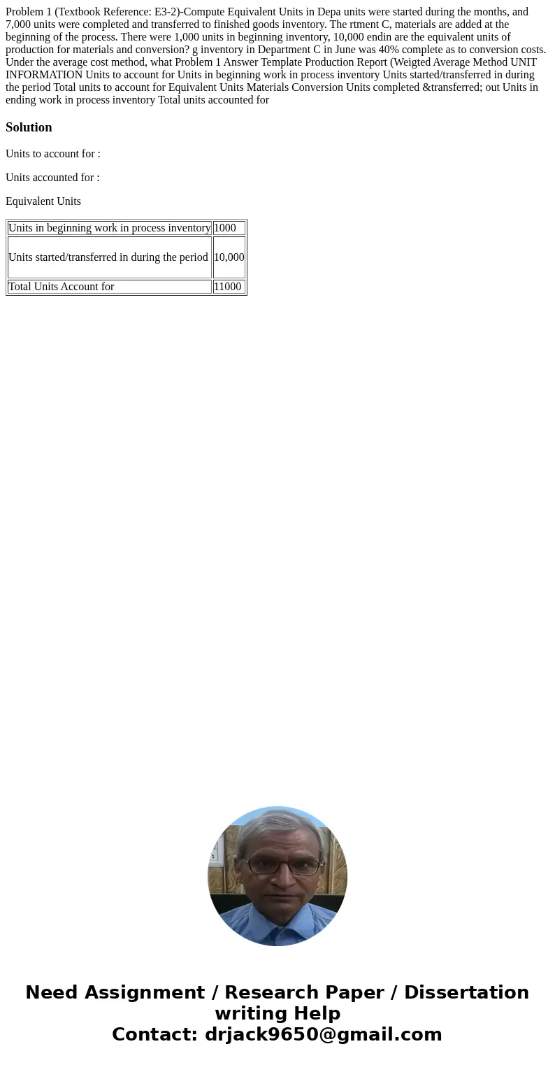 Problem 1 (Textbook Reference: E3-2)-Compute Equivalent Units in Depa units were started during the months, and 7,000 units were completed and transferred to f  Problem 1 (Textbook Reference: E3-2)-Compute Equivalent Units in Depa units were started during the months, and 7,000 units were completed and transferred to f