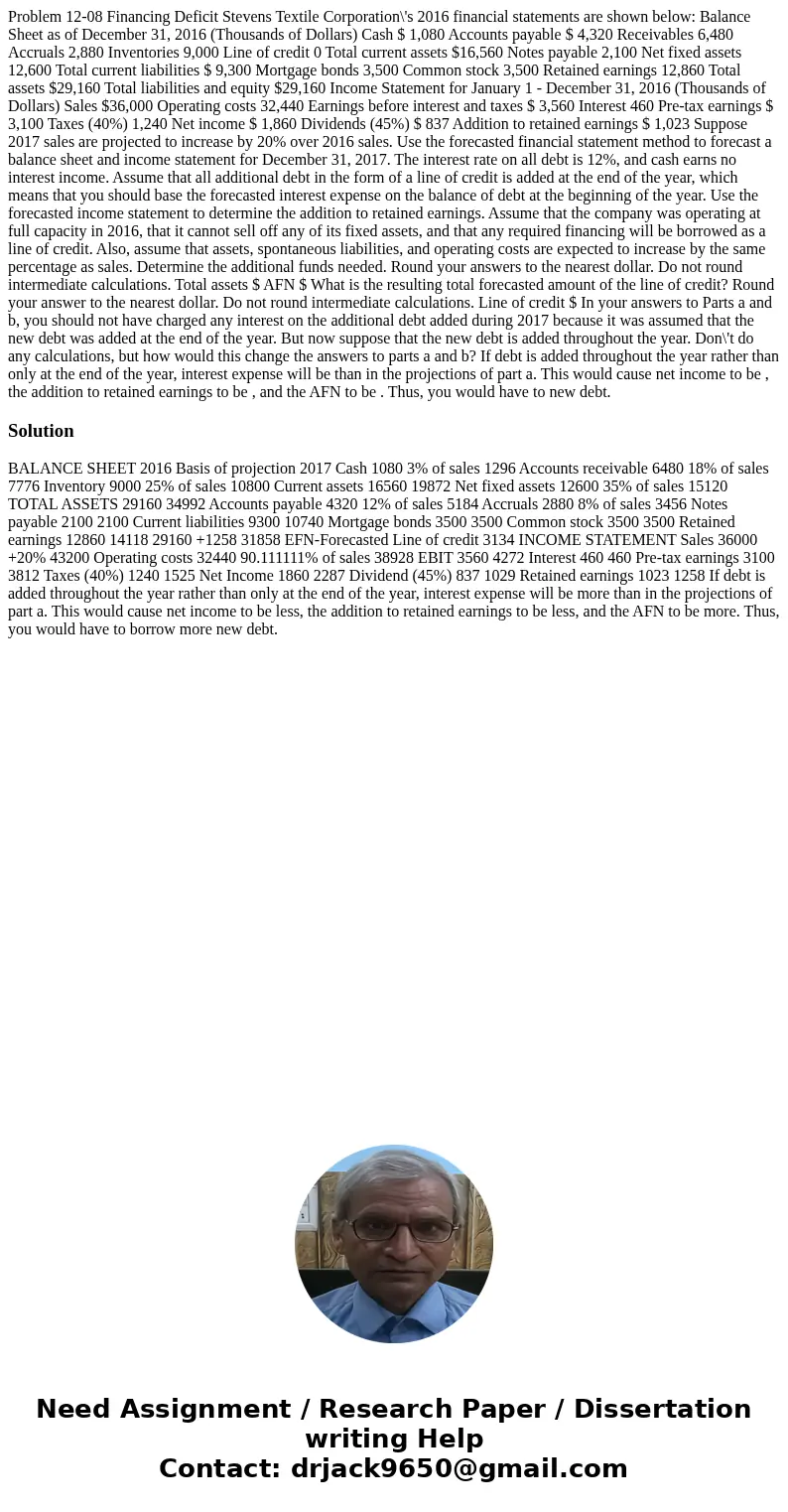 Problem 12-08 Financing Deficit Stevens Textile Corporation\'s 2016 financial statements are shown below: Balance Sheet as of December 31, 2016 (Thousands of Do Problem 12-08 Financing Deficit Stevens Textile Corporation\'s 2016 financial statements are shown below: Balance Sheet as of December 31, 2016 (Thousands of Do