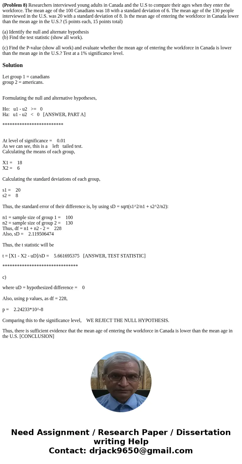 (Problem 8) Researchers interviewed young adults in Canada and the U.S to compare their ages when they enter the workforce. The mean age of the 100 Canadians wa