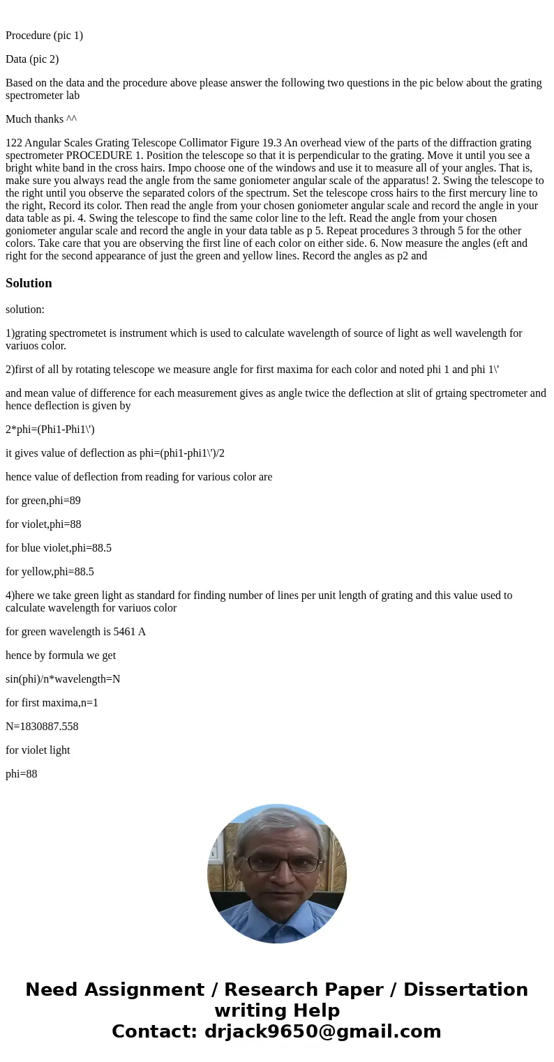 Procedure (pic 1) Data (pic 2) Based on the data and the procedure above please answer the following two questions in the pic below about the grating spectrome  Procedure (pic 1) Data (pic 2) Based on the data and the procedure above please answer the following two questions in the pic below about the grating spectrome