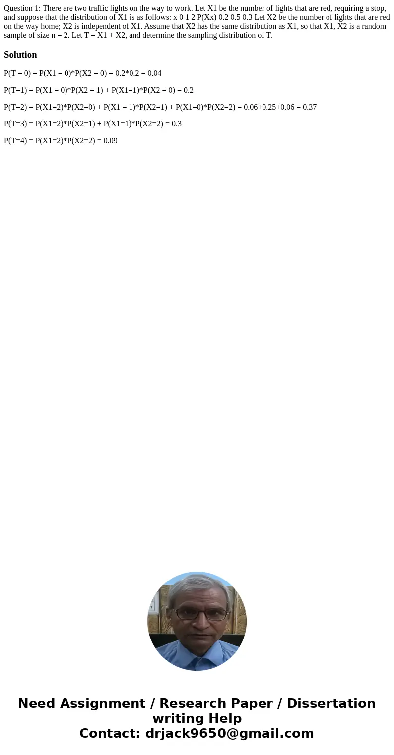 Question 1: There are two traffic lights on the way to work. Let X1 be the number of lights that are red, requiring a stop, and suppose that the distribution o  Question 1: There are two traffic lights on the way to work. Let X1 be the number of lights that are red, requiring a stop, and suppose that the distribution o