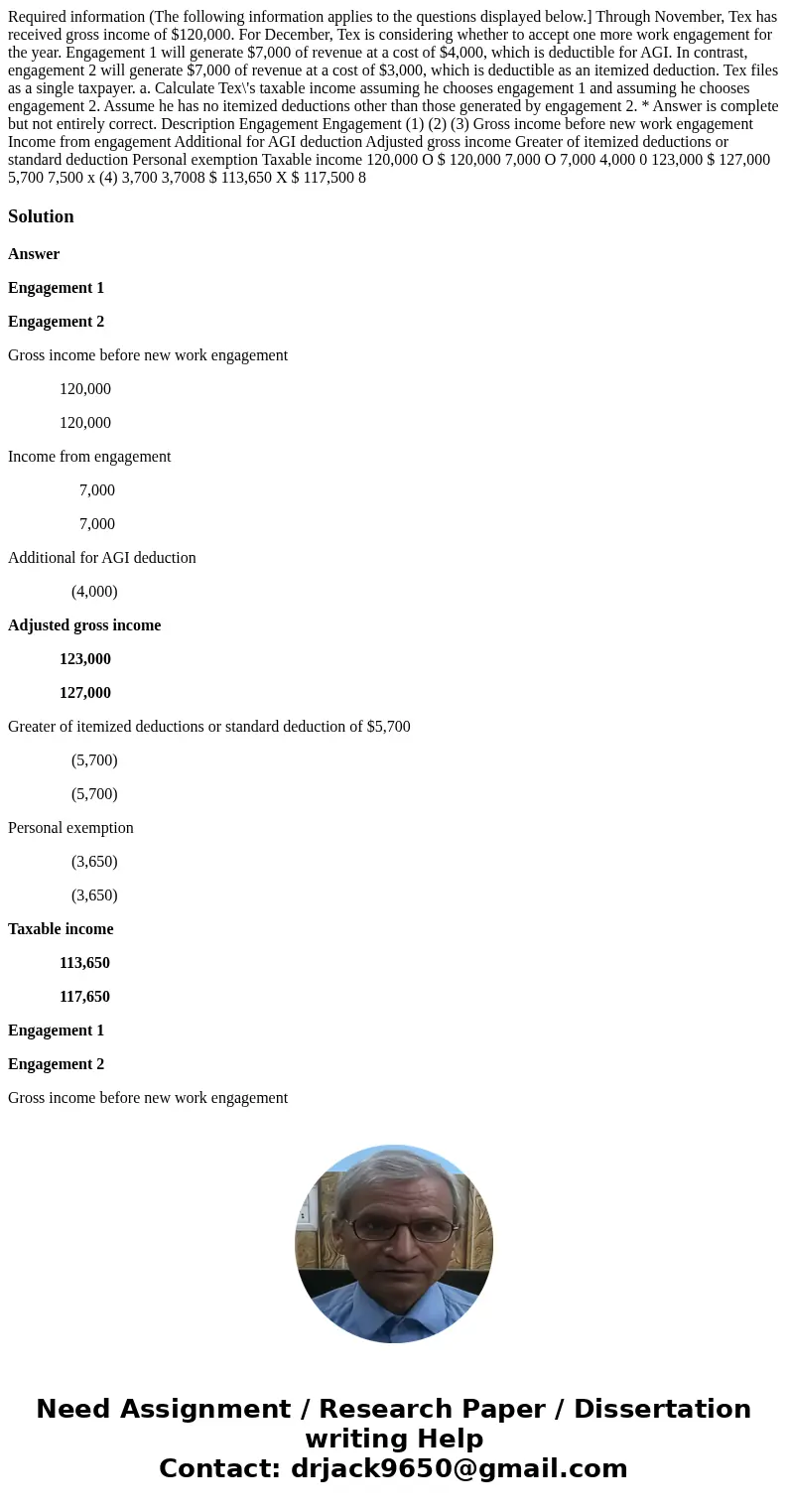  Required information (The following information applies to the questions displayed below.] Through November, Tex has received gross income of $120,000. For Dec