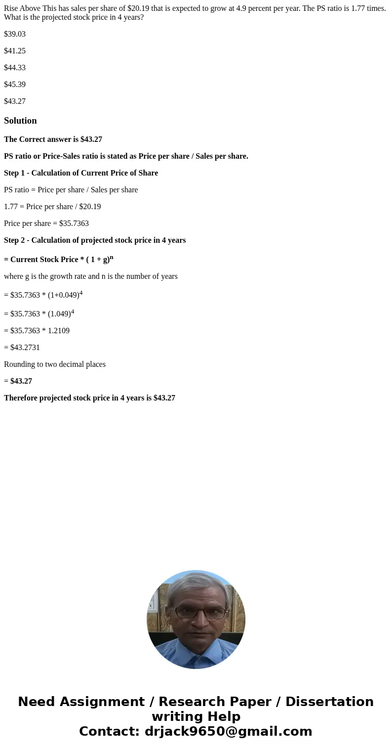 Rise Above This has sales per share of $20.19 that is expected to grow at 4.9 percent per year. The PS ratio is 1.77 times. What is the projected stock price in