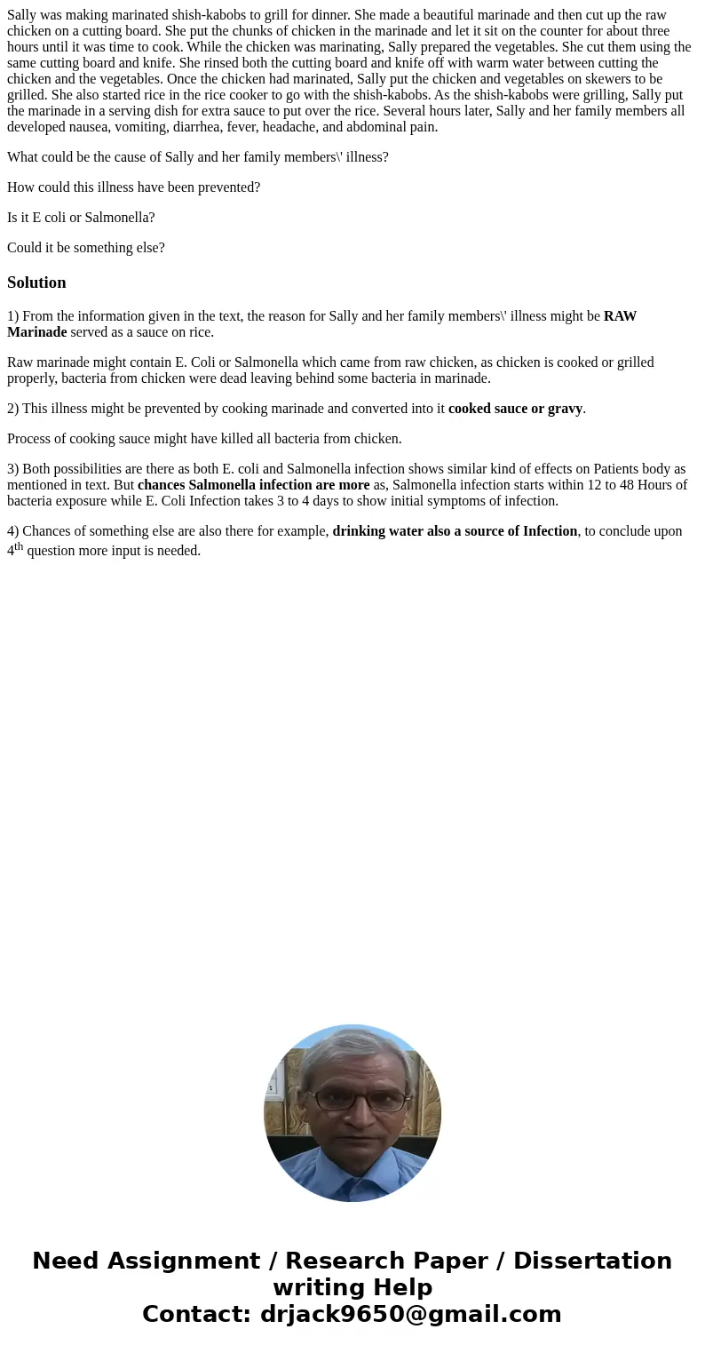 Sally was making marinated shish-kabobs to grill for dinner. She made a beautiful marinade and then cut up the raw chicken on a cutting board. She put the chunk Sally was making marinated shish-kabobs to grill for dinner. She made a beautiful marinade and then cut up the raw chicken on a cutting board. She put the chunk