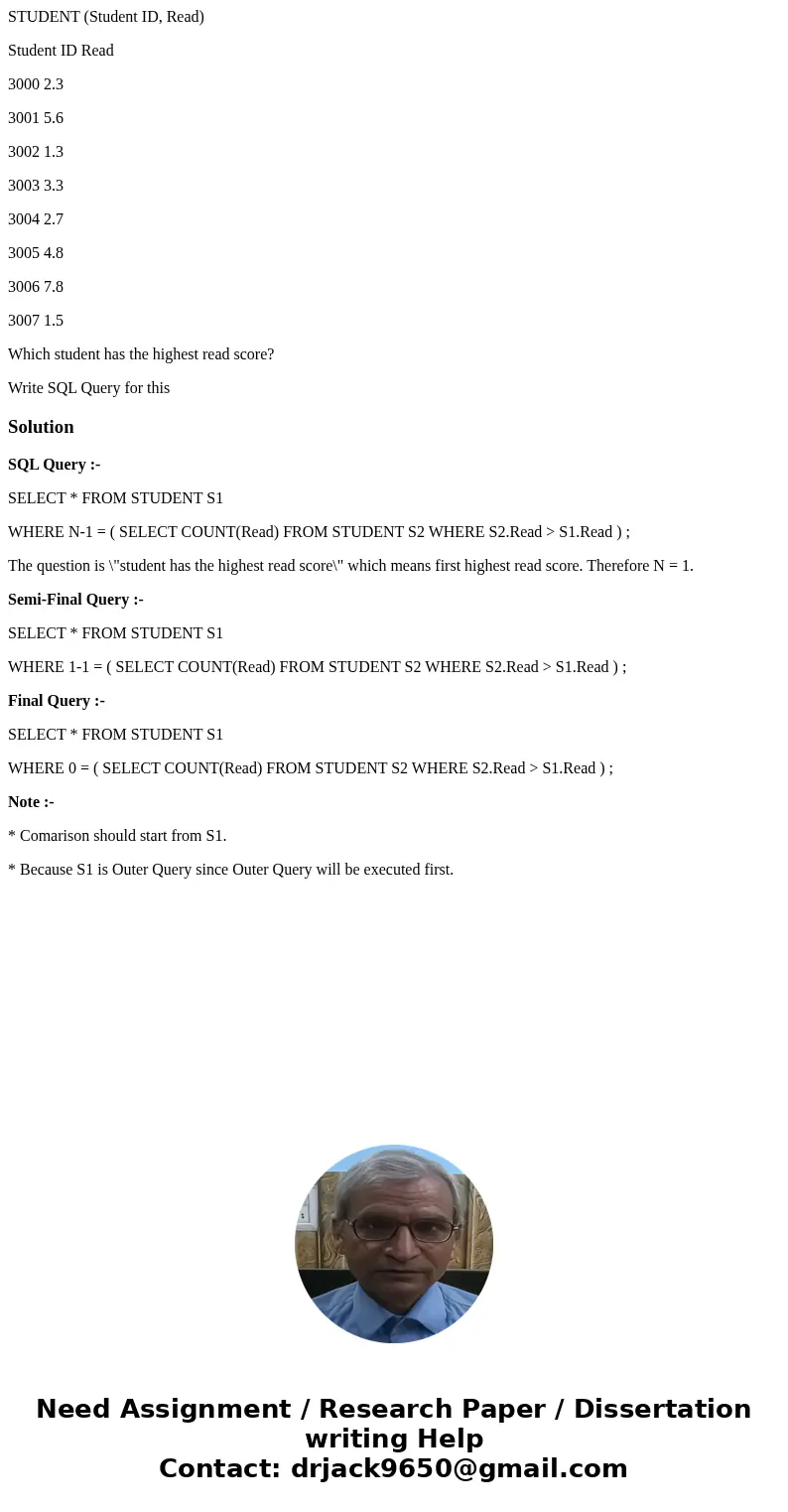 STUDENT (Student ID, Read) Student ID Read 3000 2.3 3001 5.6 3002 1.3 3003 3.3 3004 2.7 3005 4.8 3006 7.8 3007 1.5 Which student has the highest read score? Wri STUDENT (Student ID, Read) Student ID Read 3000 2.3 3001 5.6 3002 1.3 3003 3.3 3004 2.7 3005 4.8 3006 7.8 3007 1.5 Which student has the highest read score? Wri