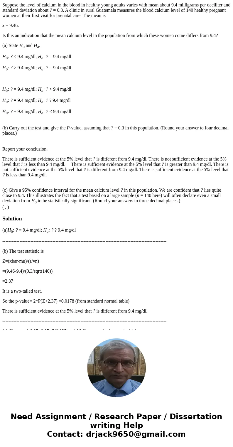 Suppose the level of calcium in the blood in healthy young adults varies with mean about 9.4 milligrams per deciliter and standard deviation about ? = 0.3. A cl Suppose the level of calcium in the blood in healthy young adults varies with mean about 9.4 milligrams per deciliter and standard deviation about ? = 0.3. A cl
