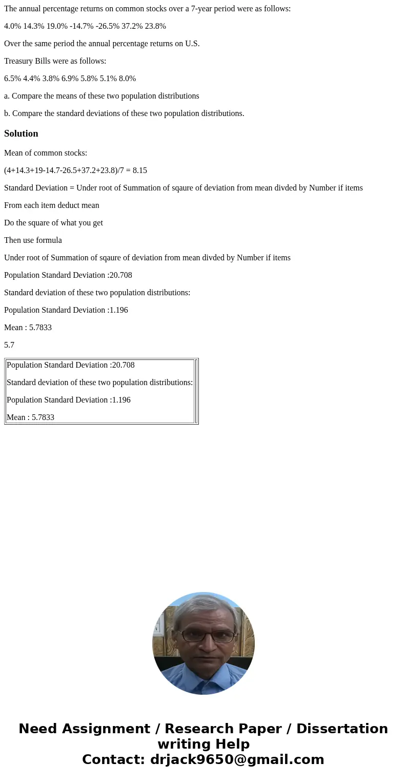 The annual percentage returns on common stocks over a 7-year period were as follows: 4.0% 14.3% 19.0% -14.7% -26.5% 37.2% 23.8% Over the same period the annual  The annual percentage returns on common stocks over a 7-year period were as follows: 4.0% 14.3% 19.0% -14.7% -26.5% 37.2% 23.8% Over the same period the annual