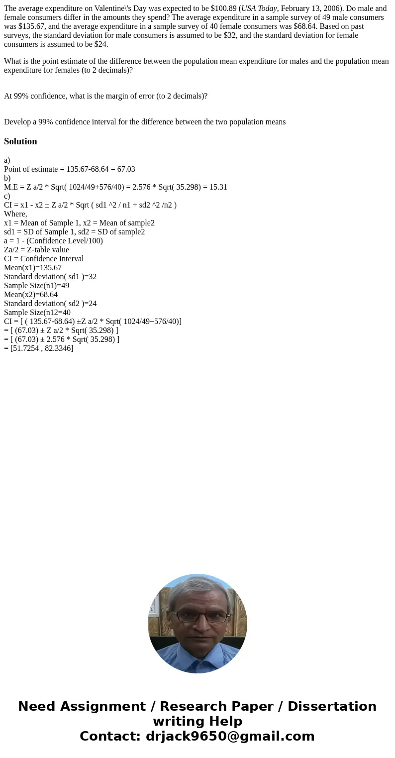 The average expenditure on Valentine\'s Day was expected to be $100.89 (USA Today, February 13, 2006). Do male and female consumers differ in the amounts they s The average expenditure on Valentine\'s Day was expected to be $100.89 (USA Today, February 13, 2006). Do male and female consumers differ in the amounts they s