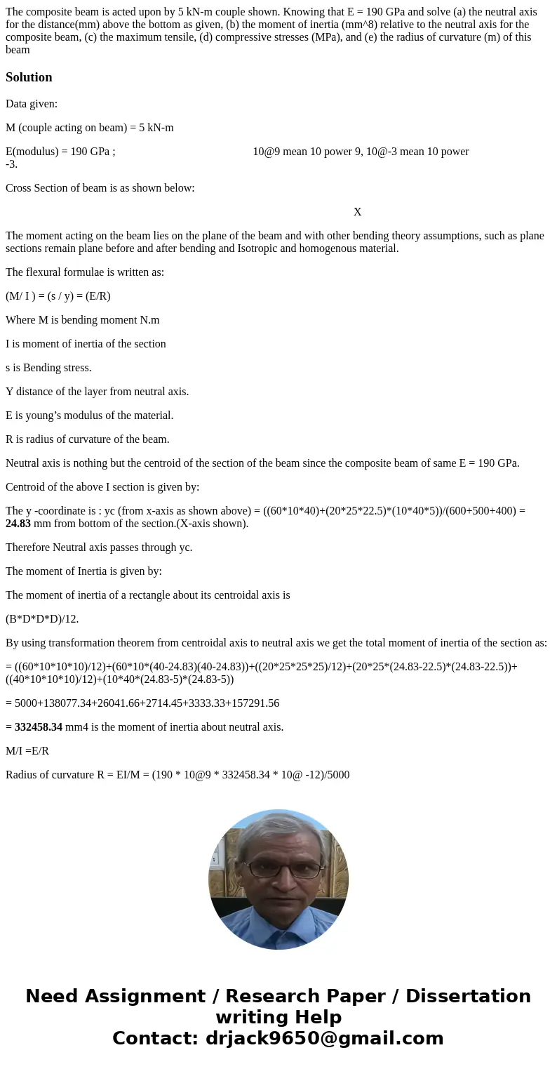  The composite beam is acted upon by 5 kN-m couple shown. Knowing that E = 190 GPa and solve (a) the neutral axis for the distance(mm) above the bottom as given