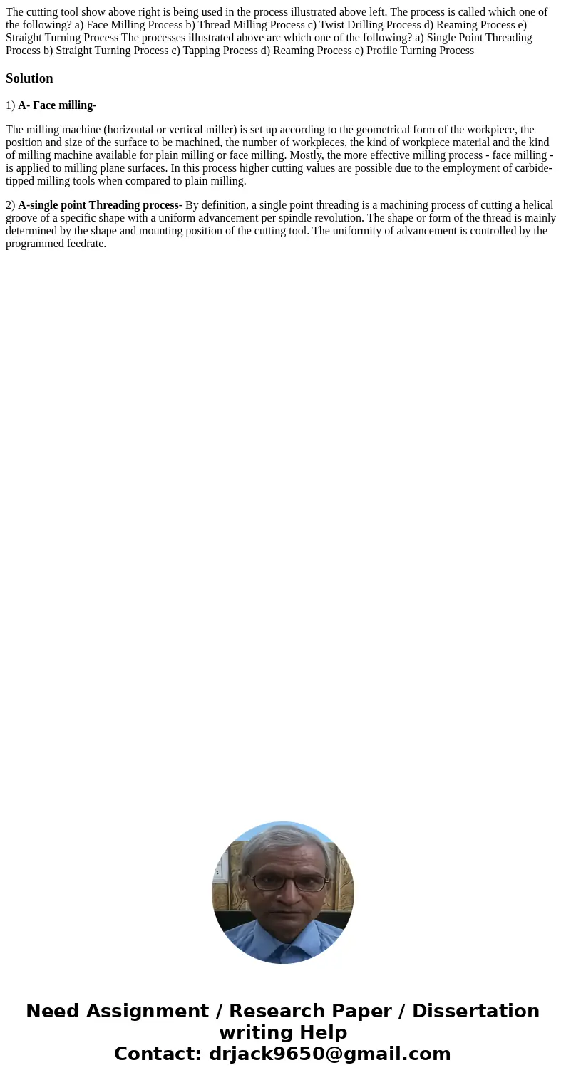 The cutting tool show above right is being used in the process illustrated above left. The process is called which one of the following? a) Face Milling Proces  The cutting tool show above right is being used in the process illustrated above left. The process is called which one of the following? a) Face Milling Proces