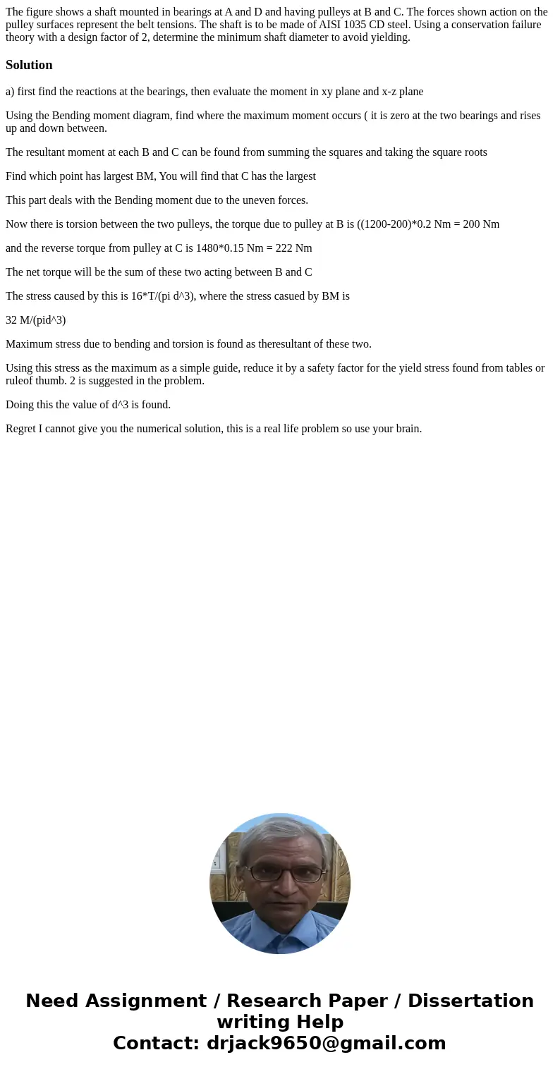 The figure shows a shaft mounted in bearings at A and D and having pulleys at B and C. The forces shown action on the pulley surfaces represent the belt tensio  The figure shows a shaft mounted in bearings at A and D and having pulleys at B and C. The forces shown action on the pulley surfaces represent the belt tensio