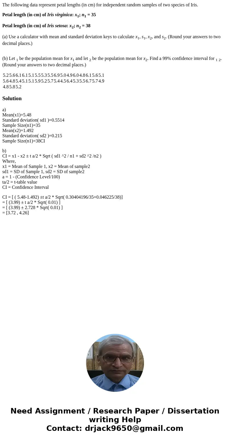 The following data represent petal lengths (in cm) for independent random samples of two species of Iris. Petal length (in cm) of Iris virginica: x1; n1 = 35 Pe The following data represent petal lengths (in cm) for independent random samples of two species of Iris. Petal length (in cm) of Iris virginica: x1; n1 = 35 Pe